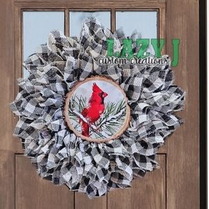 Black and White Buffalo Check Burlap Wreath with Cardinal Center